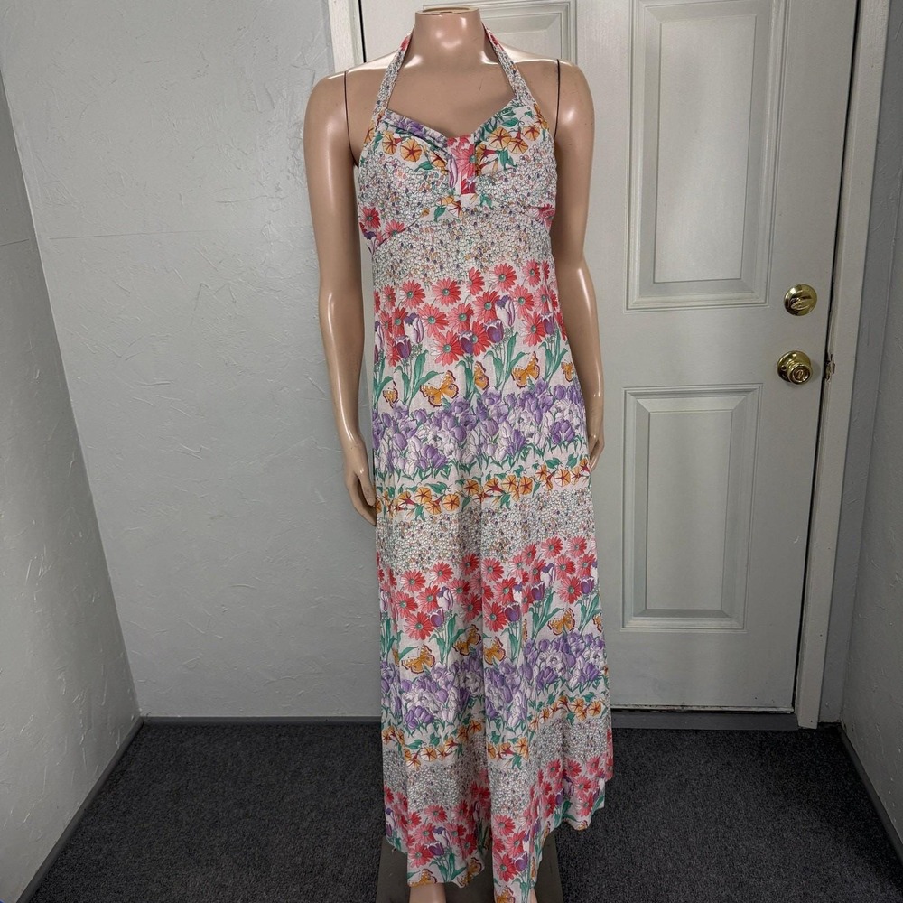Vintage 70s Maxi Dress Cotton Floral Halter Bohemian Butterfly Hippie Long NN27